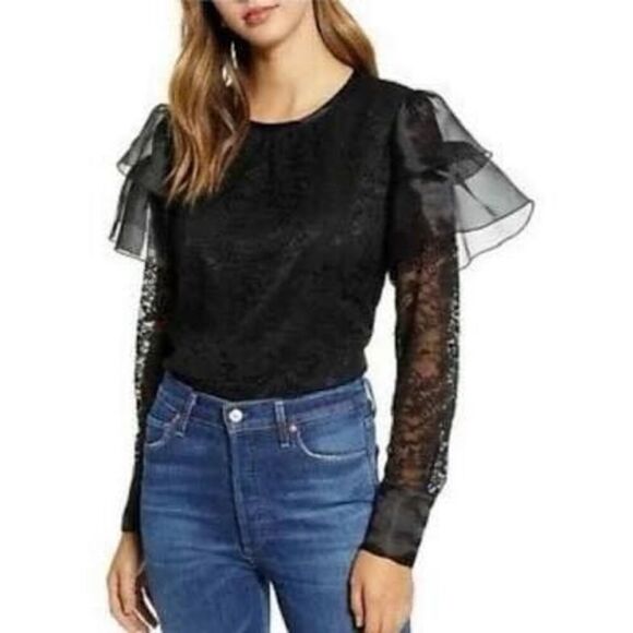 NWT Rachel Parcell Black Lace & Organza Ruffle Sleeve Top Size S‎ - Picture 1 of 10